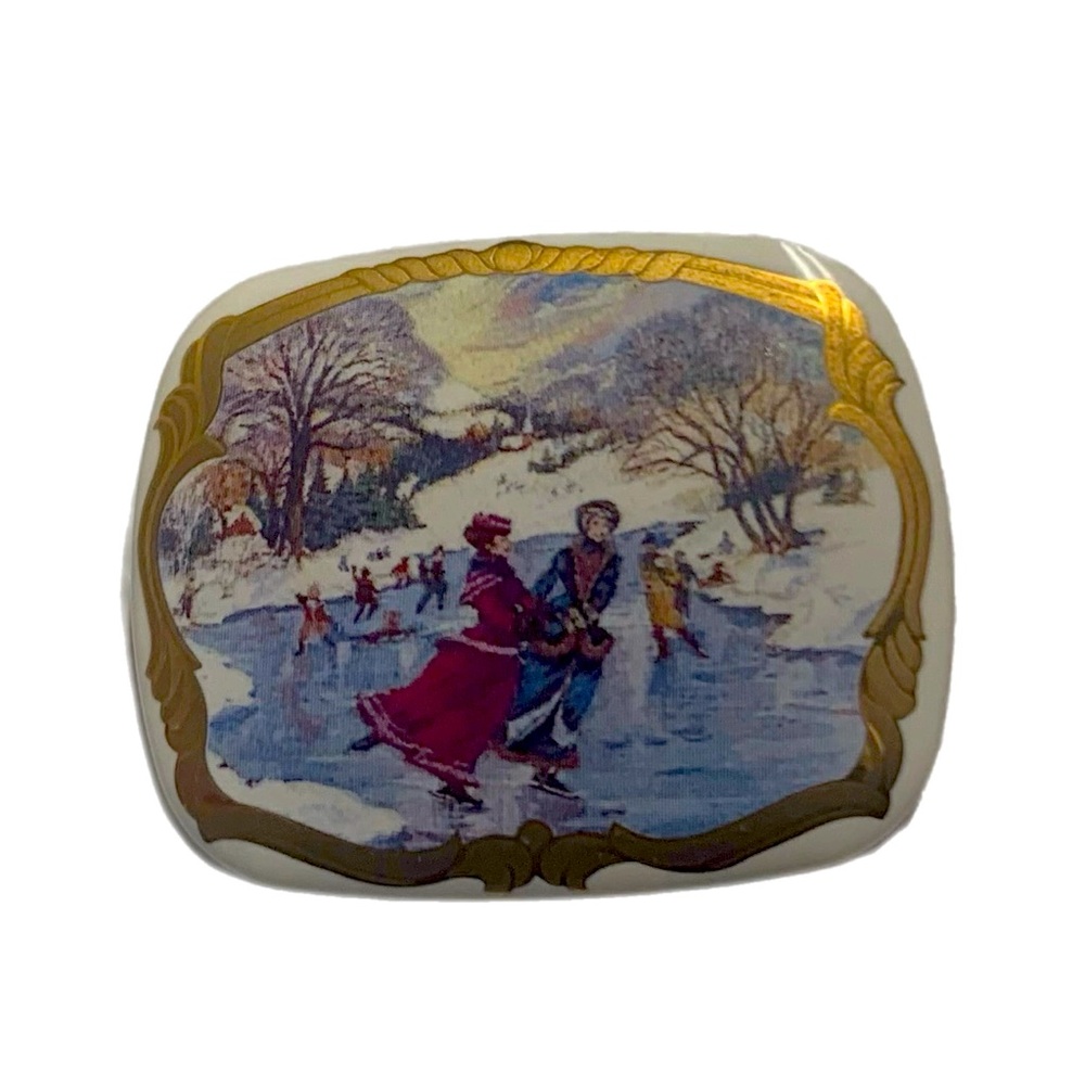 Vintage Avon Gold Gilded Painted Winter Skating Scene Porcelain Brooch